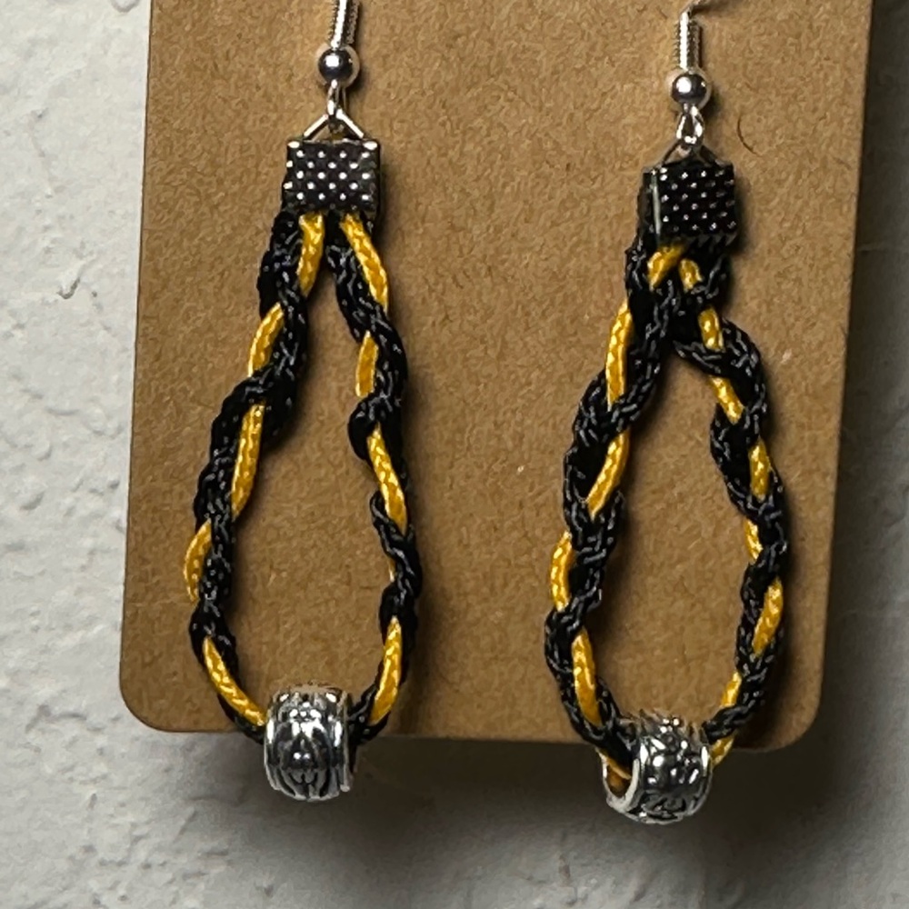 Elegant Bohemian Braided Earrings in Black and Yellow with silver accents